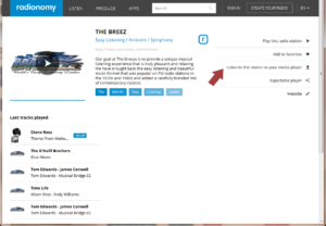 The Breez page on Radionomy showing the link to click on to listen in your player.
